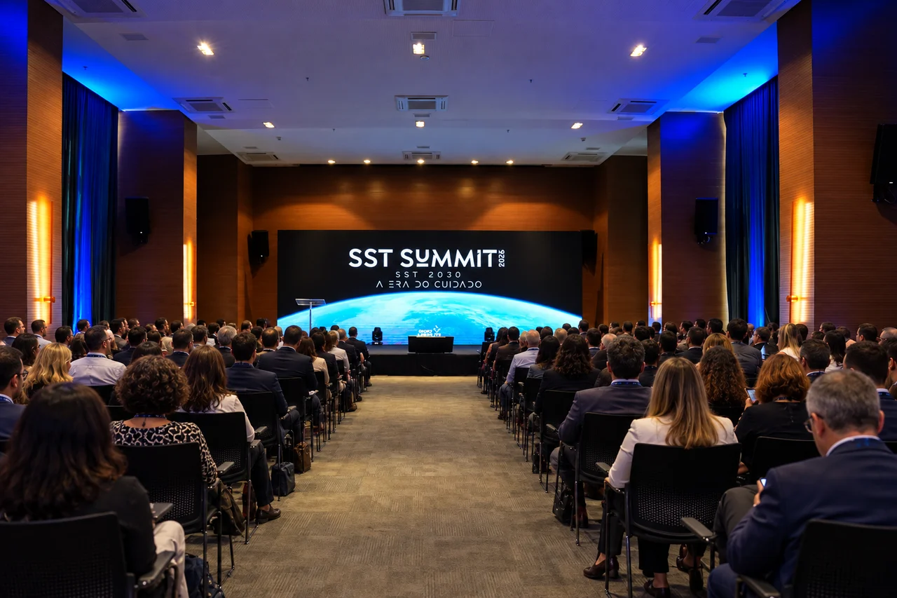 Público no auditório diante do palco do SST Summit 2026, com o tema A Era do Cuidado no telão
